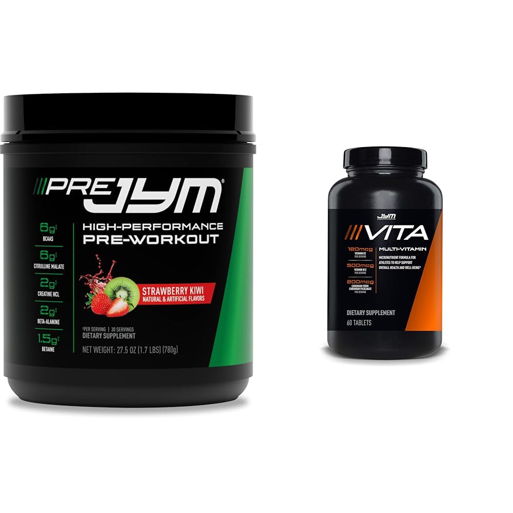JYM Supplement Science PRE JYM 30 Serve - Strawberry Kiwi & tamin & Mineral Support, Vitamina A, C, B6, B12, E, K, Boron, Biotin, Potassium 60 compresse