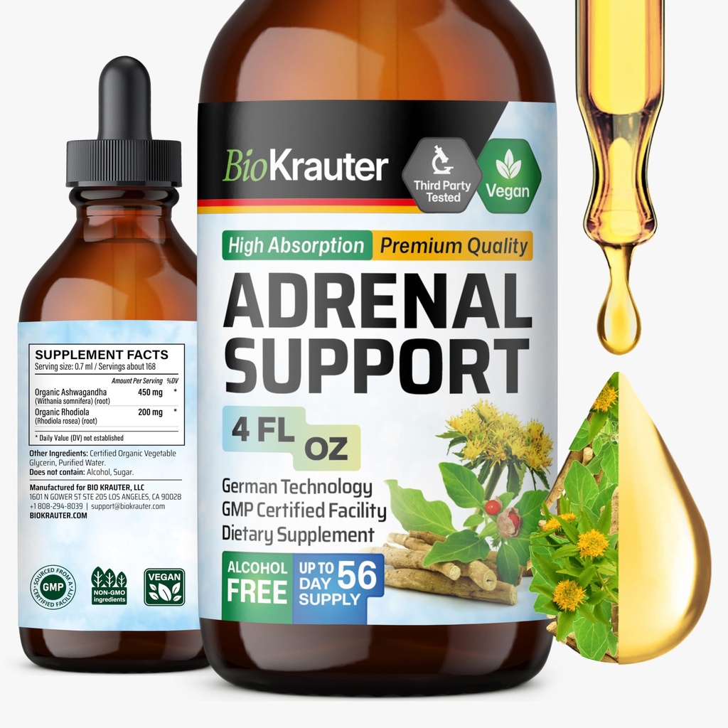 BIO KRAUTER Supporto surrenale Tincture - Rhodiola & Ashwagandha Integratori - Vegan Mood Support Drops 4 Fl.Oz.