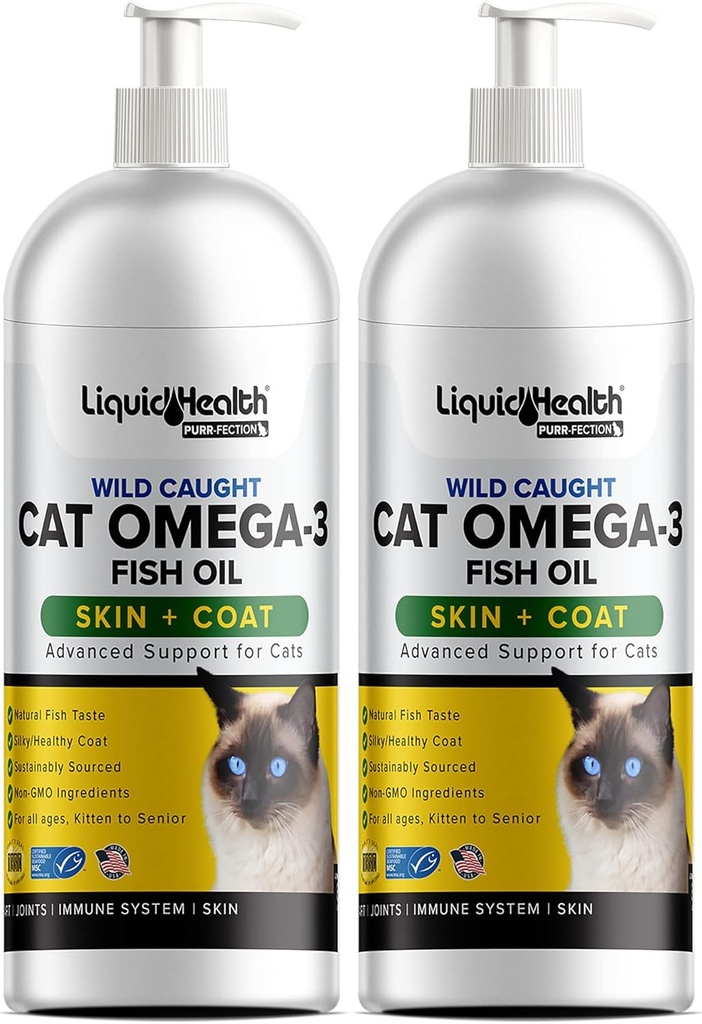 Liquid Health Pets Wild Caught Omega 3 Fish Oil per i gatti - Liquid Omega 3 Supplemento per i gatti con EPA+DPA+DHA - Ridurre il prurito, Supporto Joint, Immunità, cervello, salute del cuore - Made in USA (2 Pack)