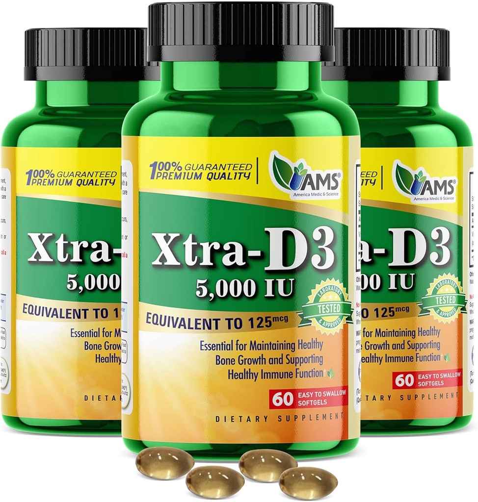 America Medic & Science Xtra D3 Vitamina D 5000 IU (125 mcg)Cholecalciferol Supplemento per gli uomini e le donne(180Easy to Swallow Softgels) 3pack|Best for Bone,Heart Health, Supporto del sistema immunitario, Funzione polmonare