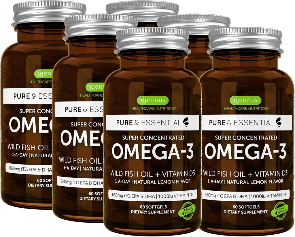 Igennus Advanced rTG Omega-3 IFOS Certified Wild Fish Oil & Vitamin D3, 1-a-Day, acidi grassi EPA & DHA, forma di trigliceride ad azione rapida, ultra puro e non OGM, 360 Softgels