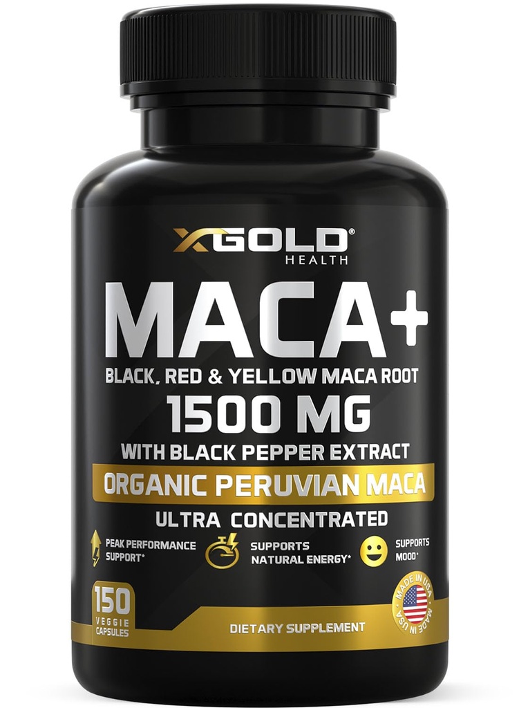 X Gold Health Organic Maca Root Powder Capsule 1500mg con Black | Red & Yellow Peruvian Maca Root Extract Gelatinized, Energy & Mood Supplement per gli uomini e le donne + Pepe Nero per i migliori benefici