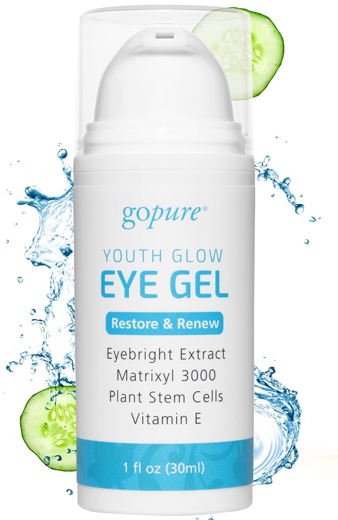 GoPure Youth Glow Eye Gel - Anti-Aging Eye Cream che Soothes e Hydrates, Realizzato con Matrixyl 3000 e Acido Ialuronico per migliorare il look di Puffiness, Dark Circles e Under Eye Bags - 1 fl oz