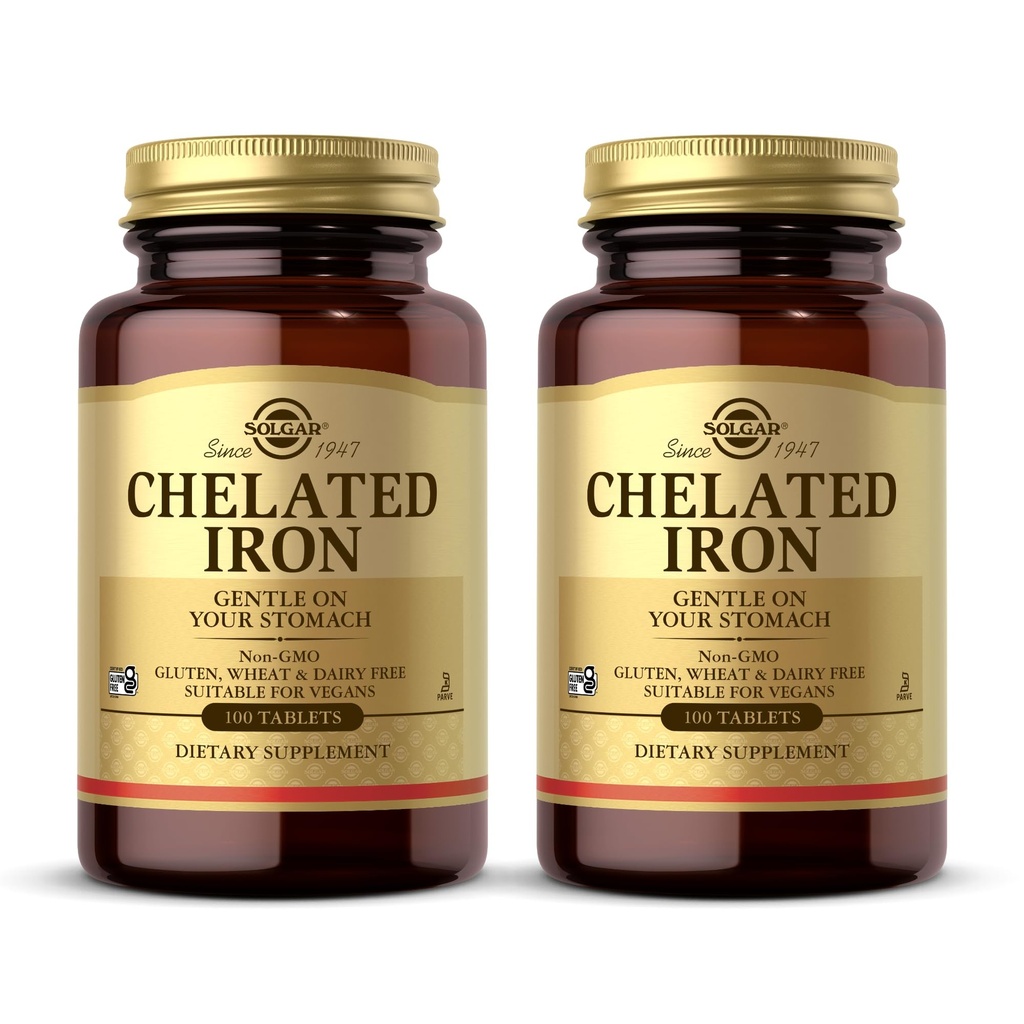 Solgar Chelated Iron - 100 compresse, Confezione da 2 - Gentle on Your Stomach - Non-GMO, Vegan, Gluten Free, Dairy Free, Kosher - 200 Total Servings