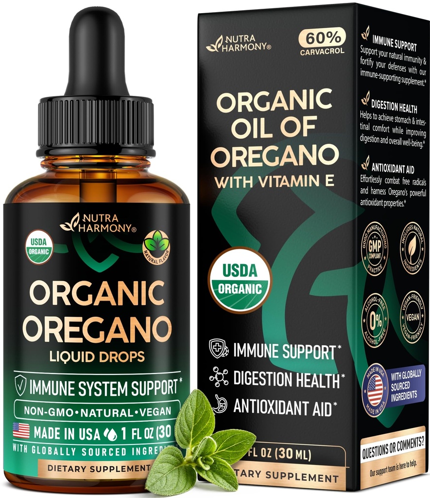 USDA Olio Organico di Oregano - Gocce Liquide con Vitamina E - Made in USA - Supplemento per Supporto Immune, Salute Digestione & Antiossidante - Non OGM, Naturale, Vegan - Come Pillole, Capsule, Softgels 1 fl oz
