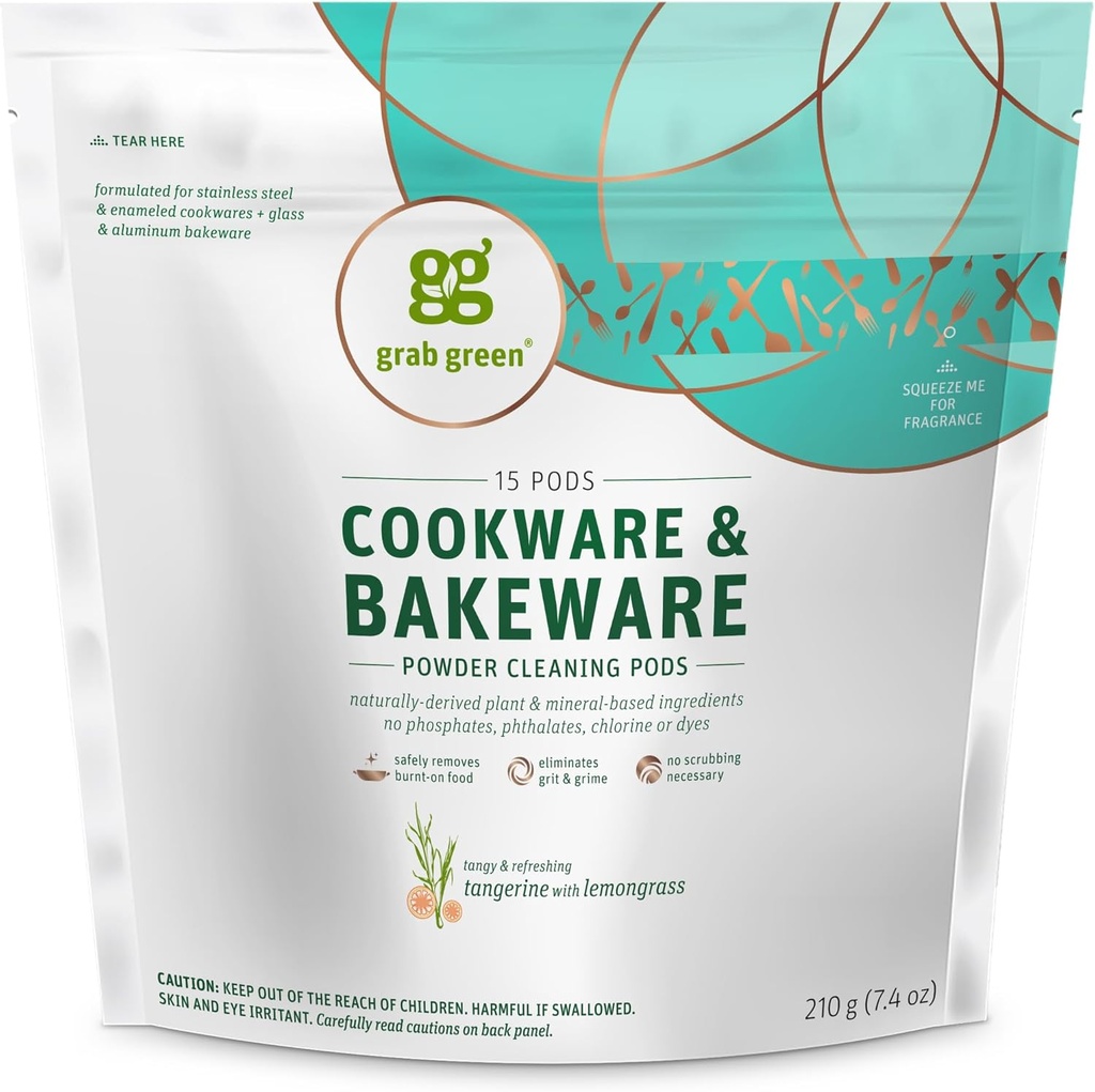 Afferrare Cuoco Verde e Bakeware Cleaner Pods, 15 Pods, Tangerine Lemongrass Scent, Plant and Mineral Based, Rimuove Burnt-On Food, Elimina Stains
