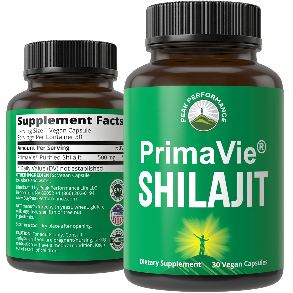 Capsule Shilajit purificati PrimaVie Realizzate con Polvere Shilajit Pure. Supplemento naturale clinicamente testato con 40+ minerali Trace, acido Fulvic. Compresse Support Mitochondria + Funzione del cervello