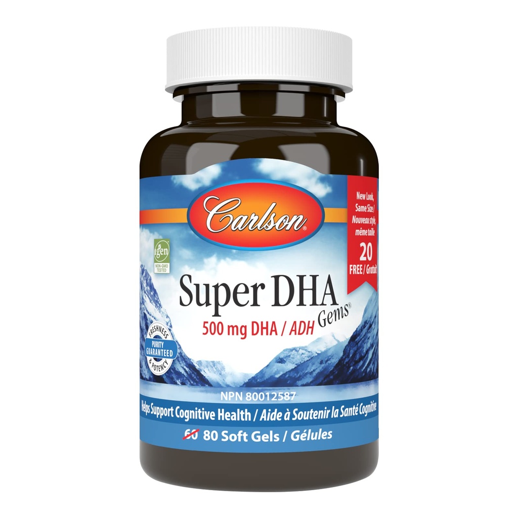 Carlson - Super DHA Gems, 500 mg DHA Supplementi, 640 mg acidi grassi, Wild-Caught Norwegian Arctic Fish Oil Concentrato, Sustainably Sourced Nordic Fish Oil Capsules, 60+20 Softgels