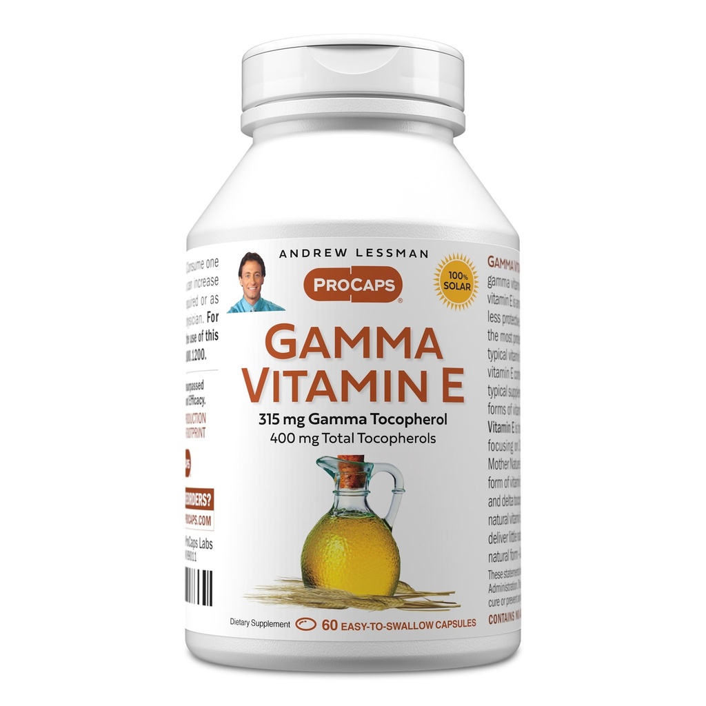 ANDREW LESSMAN Gamma Vitamin E 60 Softgels - 315 mg Gamma Tocopherol, Vitamina Protettiva E. Quattro forme di tocoferoli naturali con olio di Ahiflower. Potente antiossidante. Nessuna forma sintetica