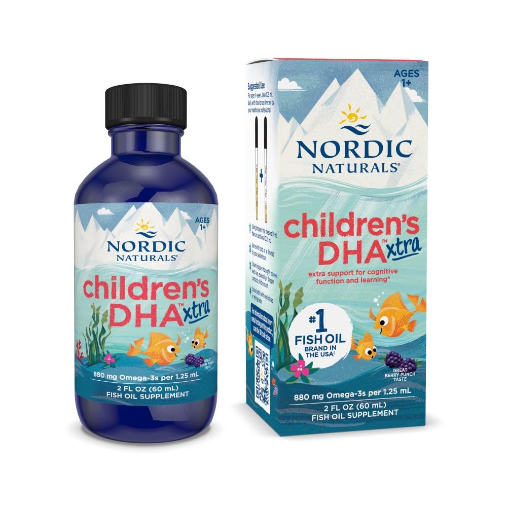 Nordic Naturals DHA Xtra per bambini, Berry Punch - 2 oz per bambini - 880 mg Omega-3 totali con EPA & DHA - Funzione cognitiva e immunitaria, apprendimento, sviluppo sociale - Non-GMO - 48 Serve