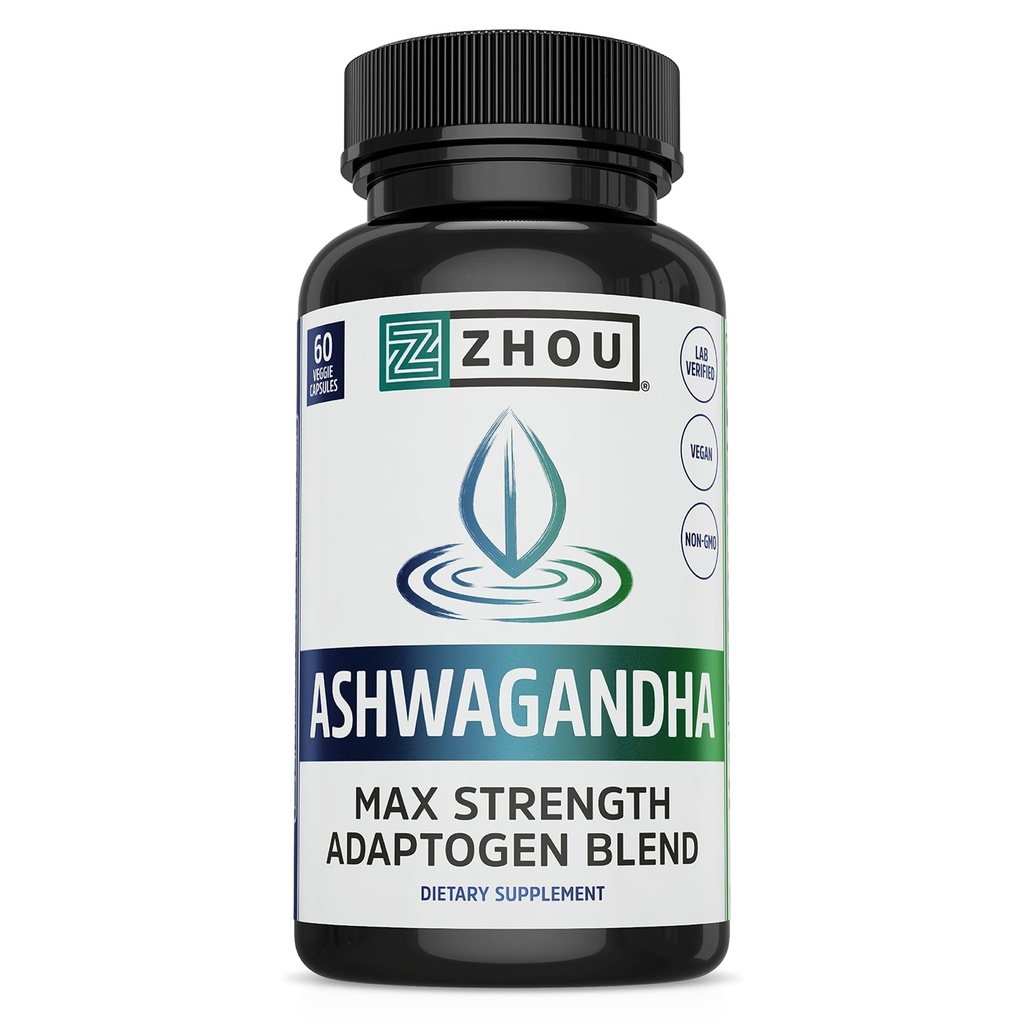 Zhou Ashwagandha - Ashwagandha e Rhodiola per le donne e gli uomini, Adaptogen Ashwaganda Extract 1200 mg con pepe nero, Adaptogenic Support Supplemento per calma, umore, sonno - 60 Vegan Capsule