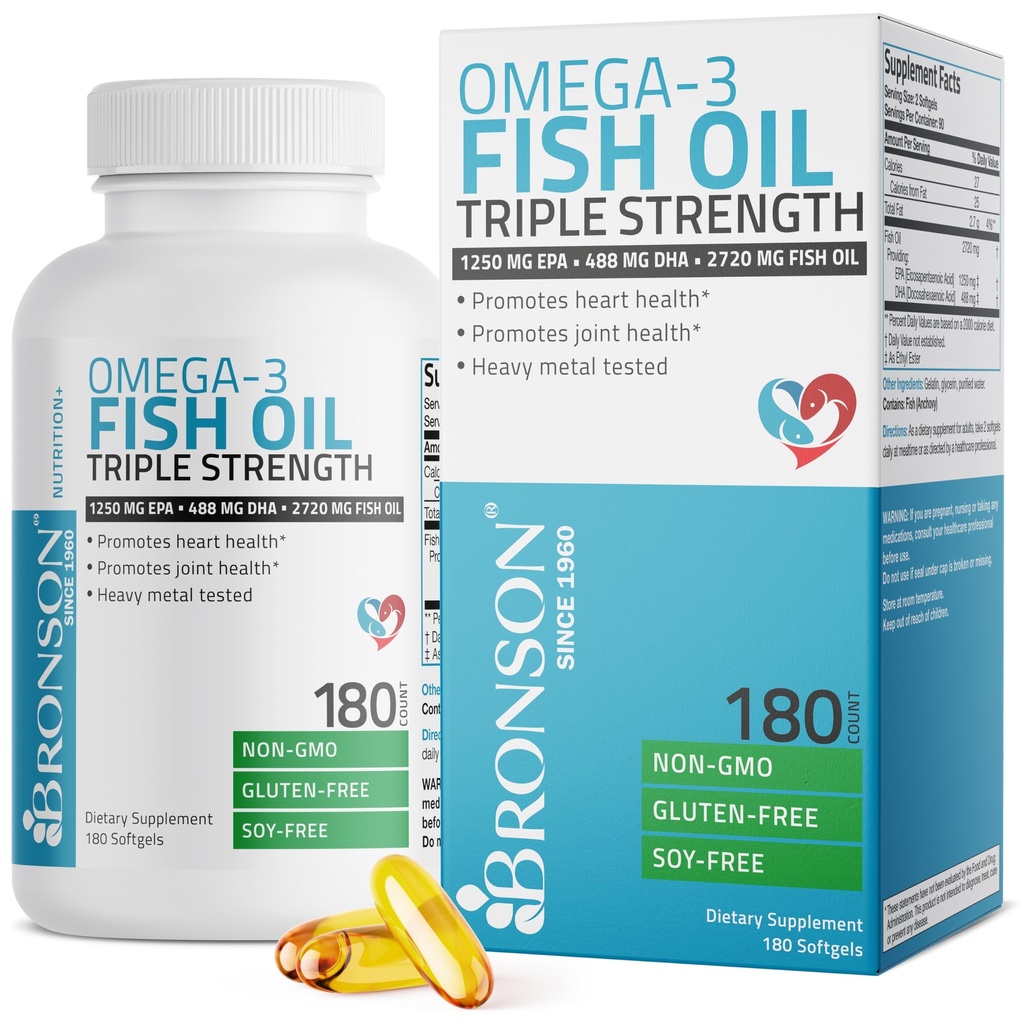 Bronson Omega 3 Fish Oil Triple Strength 2720 mg, EPA 1250 mg DHA 488 mg, Non-GMO Heavy Metal Tested, 180 Softgels