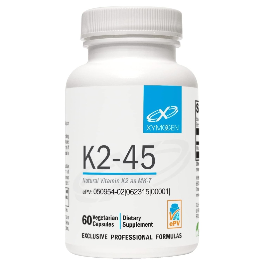 XYMOGEN K2-45 Vitamin K - Vitamina K2 MK-7 Derivata da Soia non OGM - La forma più biodisponibile di K2 Disponibile - Supporta la cardiovascolare + la salute di ossa (60 capsule)