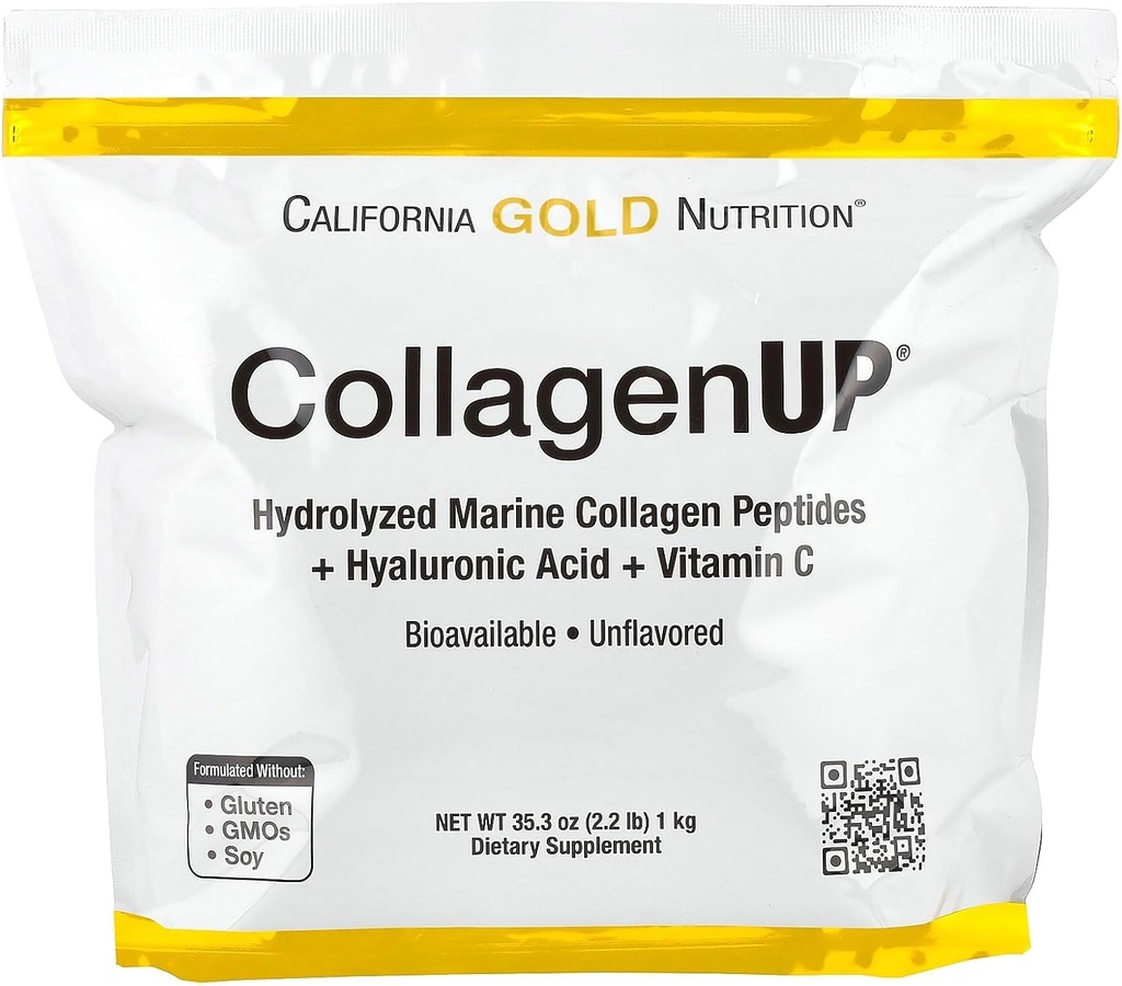 California Gold Nutrition CollagenUP®, Peptidi di collagene marino idrolizzati con acido ialuronico e vitamina C, non aromatizzati, 2,2 lb (1 kg)