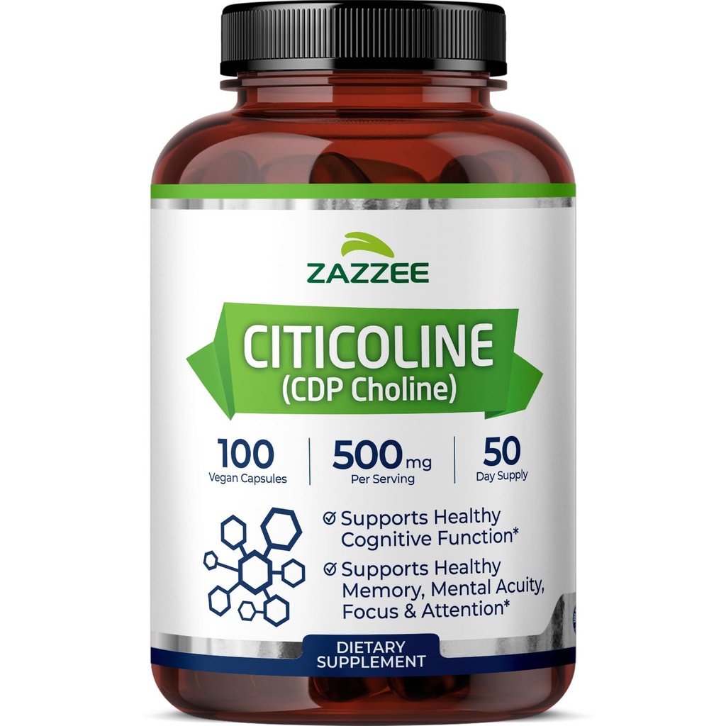 Zazzee Extra Strength Citicoline, 500 mg per Serving, 100 capsule vegane, Superior CDP Choline Form, 100% Vegetariano e Pharmaceutical Grade, 50-Day Supply, All-Natural e Non-OGM