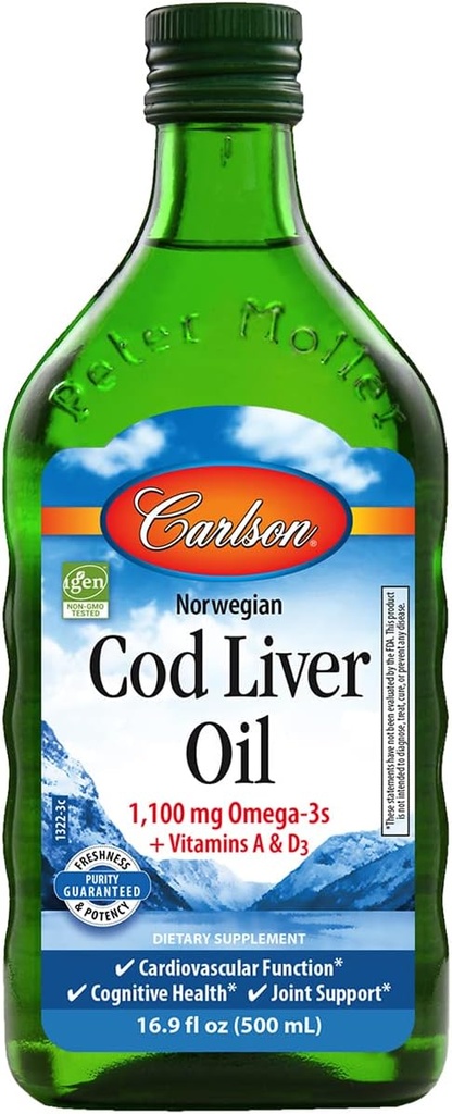 Carlson - Cod Liver Oil, 1100 mg Omega-3s + A & D3, Wild-Caught Norwegian Arctic Cod-Liver Oil, Sostenibilmente Fonte Nordic Fish Oil Liquid, Unflavored, 500 mL (16.9 Fl Oz)