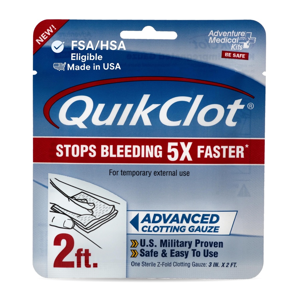 Avventura Kit medici QuikClot Gauze - Guarnizione medica emostatica flessibile per la sopravvivenza di emergenza o Kit di preparazione del disastro & More - Stops Bleeding Fast con Kaolin - 3" x 24"