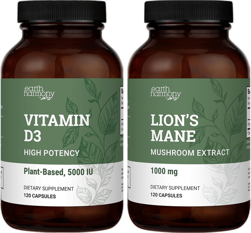 Terra Harmony Vegan vitamina D3 5000 iu & Organic Lion's Mane 1000mg supplemento - 120 capsule ogni