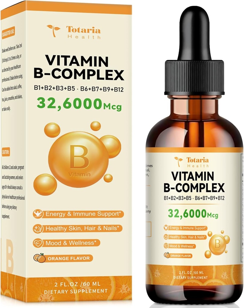 Vitamina B Liquido Complesso con 8 Vitamine B essenziali - Thiamine, Riboflavina, Niacina, Acido pantotenico, Piridoxina, Botina, Folico, Methylcobalamin - 2 Fl. Oz.