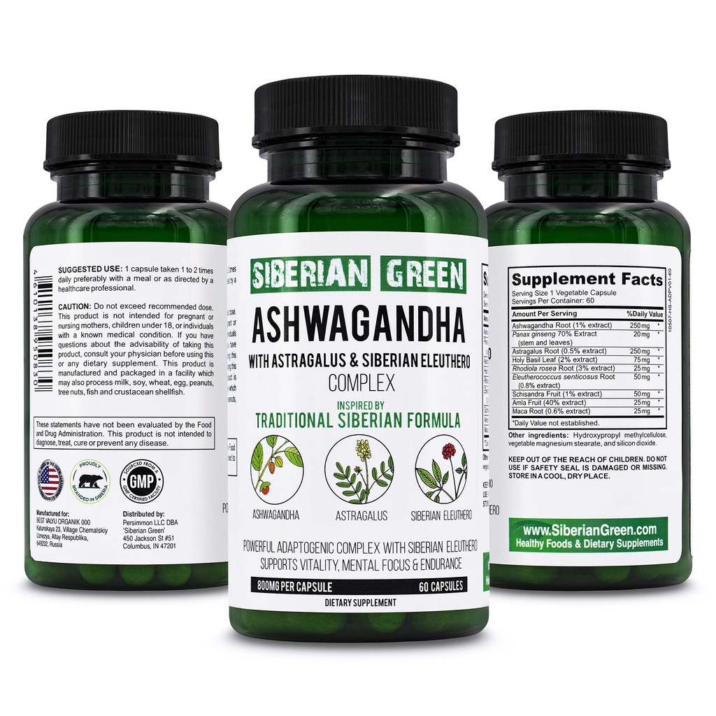 Siberiano verde organico Ashwagandha Root con Astragalus & Siberian Eleuthero Ginseng Complex 60 capsule potente supporto erbe