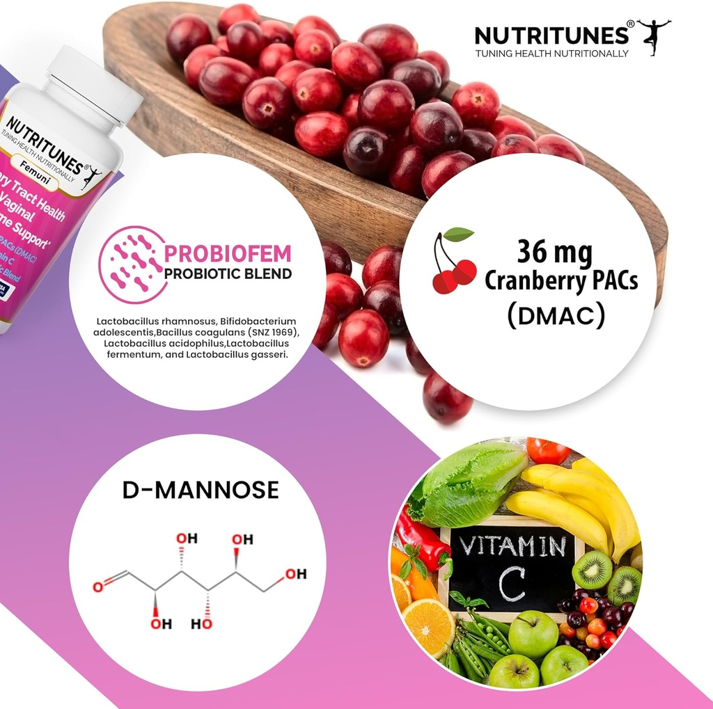 PACs di mirtillo con D Integratori di mannosio per donne, vitamina C e donne Probiotici vaginali tra cui Lactobacillus e ceppi di Bifidobacterium per la salute del tratto urinario - 60 Femuni UTH Capsule