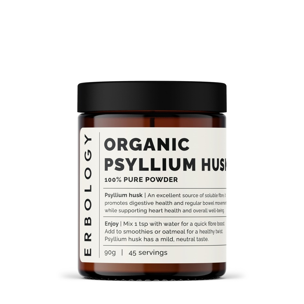 Erbologia Organic Psyllium Husk Powder 3.2 oz - 45 Serve - Promuove la salute digestiva e regolare Bowel Movimenti - Sostenibilmente Sourced Straight da Farm in India - Small Batch - Vegan - OGM-Free