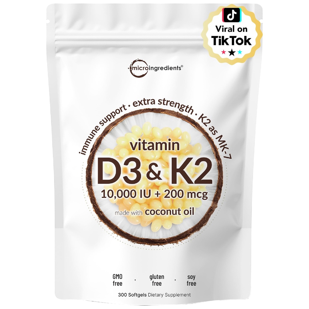 Micro Ingredienti Vitamina D3 10.000 IU + K2 MK-7 200 mcg, 300 Softgels con olio di cocco vergine | 2-in-1 Vitamine D & K Complex | Extra Forza, Facile da ingoiare, Non OGM, Senza glutine