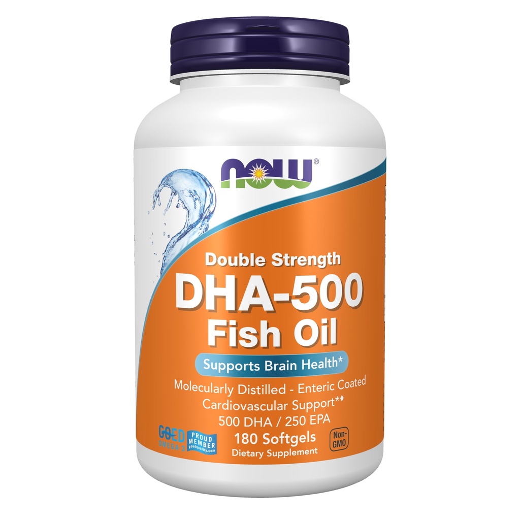 NOW Integratori alimentari, DHA-500 con 250 EPA, Distillato molecolare, Supporta la salute del cervello*, 180 Softgels