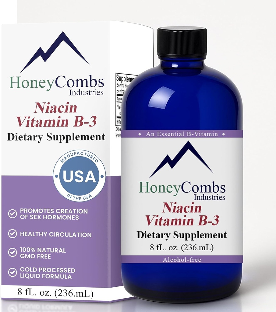 HoneyCombs Vitamina B3 Niacin Supplemento gocce liquide - Alta potenza Vitamina B3 Gocce liquide per uomini e donne - Mantenere il sistema digestivo, pelle, lingua, energia e altro ancora - Vegan Niacin Drop (8 Fl oz)
