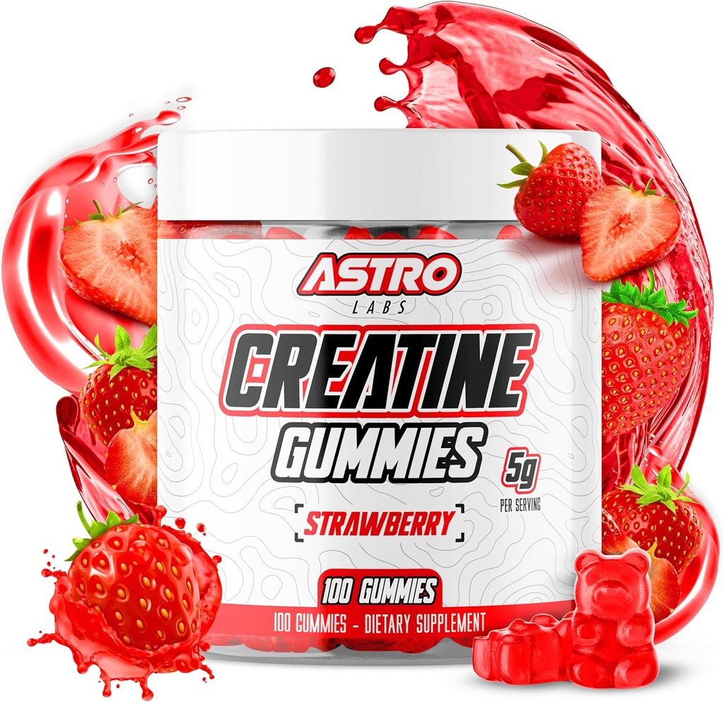 Gummie di creatina per uomini e donne - 5g per porzione, aumento della forza, guadagno del muscolo, recupero, resistenza - Vegan, senza glutine, basso zucchero Creatina Monoidrato Gummies - fragola (100 conteggio)