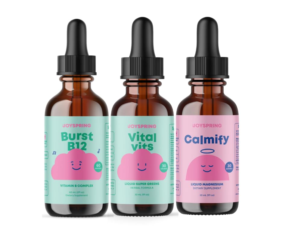 JoySpring B-Complex & Vital Vits with Magnesium Drops Bundle | Naturally Sourced Kids Vitamins & Minerals | Formula liquida non alcolica, senza zucchero | Integratore di gocce liquide vegane e vegetariane