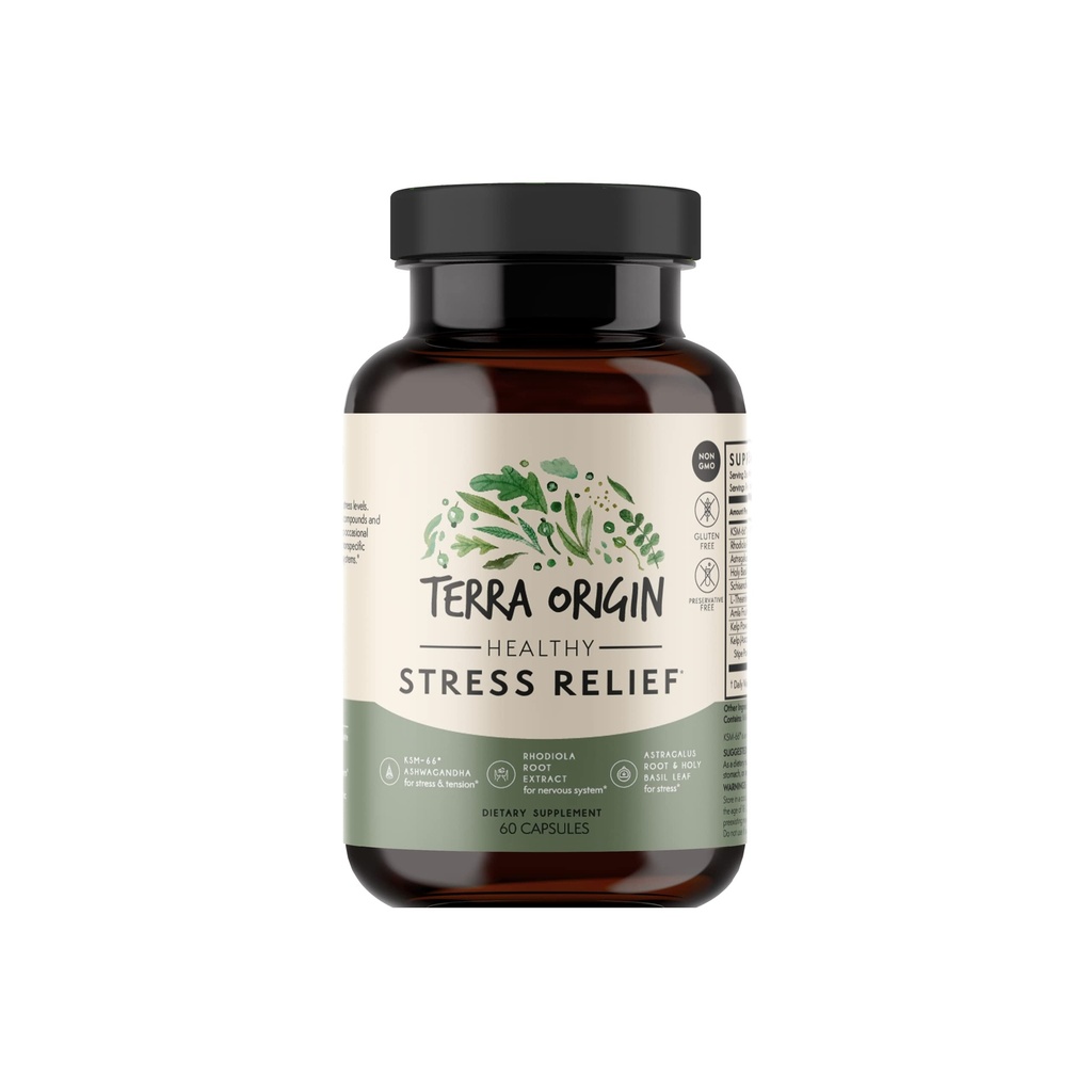 TERRA ORIGIN Integratore di stress sano | 60 capsule | KSM-66 Organic Ashwagandha, L-teanina, estratto di Rhodiola, radice di Astragalus e santo basilico | Stress e supporto di umore