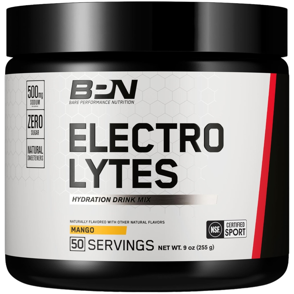 BARE PERFORMANCE NUTRITION BPN Electrolytes Hydration Drink Mix | Polvere di elettroliti senza zucchero | 500mg Sodio per porzione | Naturally Sweetened | Mango, 50 Serve
