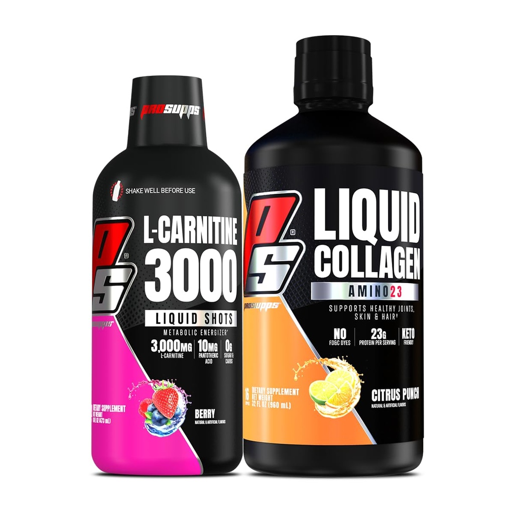 PROSUPPS L-Carnitina 3000 Stimolant Liquid Shots (Bibbia) Amino23 Liquid Collagen Shots (Citrus Punch) Bundle