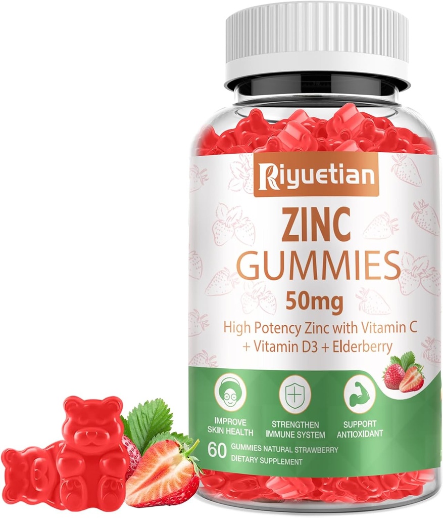 Zinc Gummies - Zinco ad alta potenza 50mg con Vitamina C + Vitamina D3 + Elderberry - Supporto per la Salute Immune - Vegan, Non OGM e Gluten Free - 60 Gummies