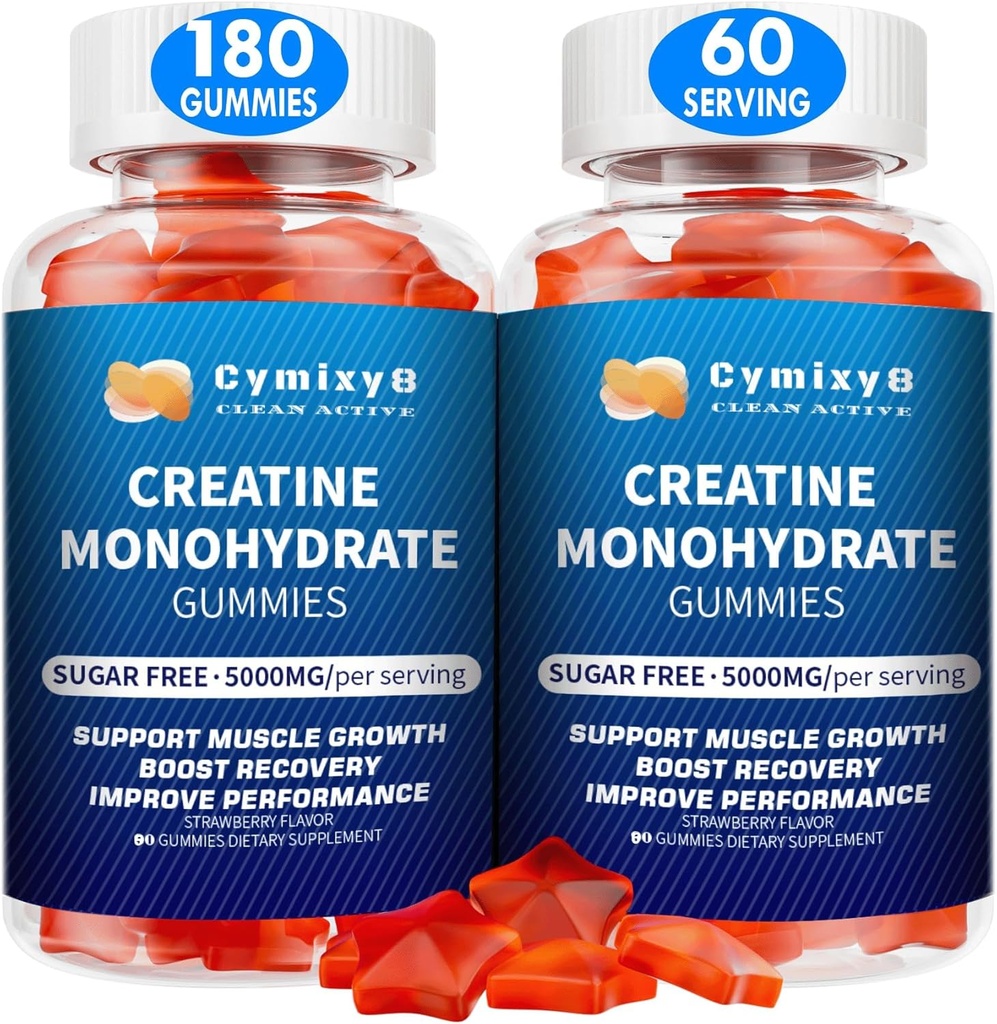 Creatina Monoidrato Gummies 5g per uomini e donne, 7100mg con taurina liposomica, BCAA, Alpha GPC, B12, Creatina Monoidrato Chews per la crescita del muscolo, Fragola Flavor, 180Count