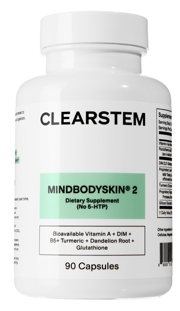 CLEARSTEM - MINDBODYSKIN Supplemento per l'acne ormonale (n. 5-HTP) - Integratore naturale DIM - Vitamine per la cura della pelle - Equilibrio dell'ormone, Antiossidanti - Gluten Free, Cruelty Free - 30 Serve, 90 Capsule