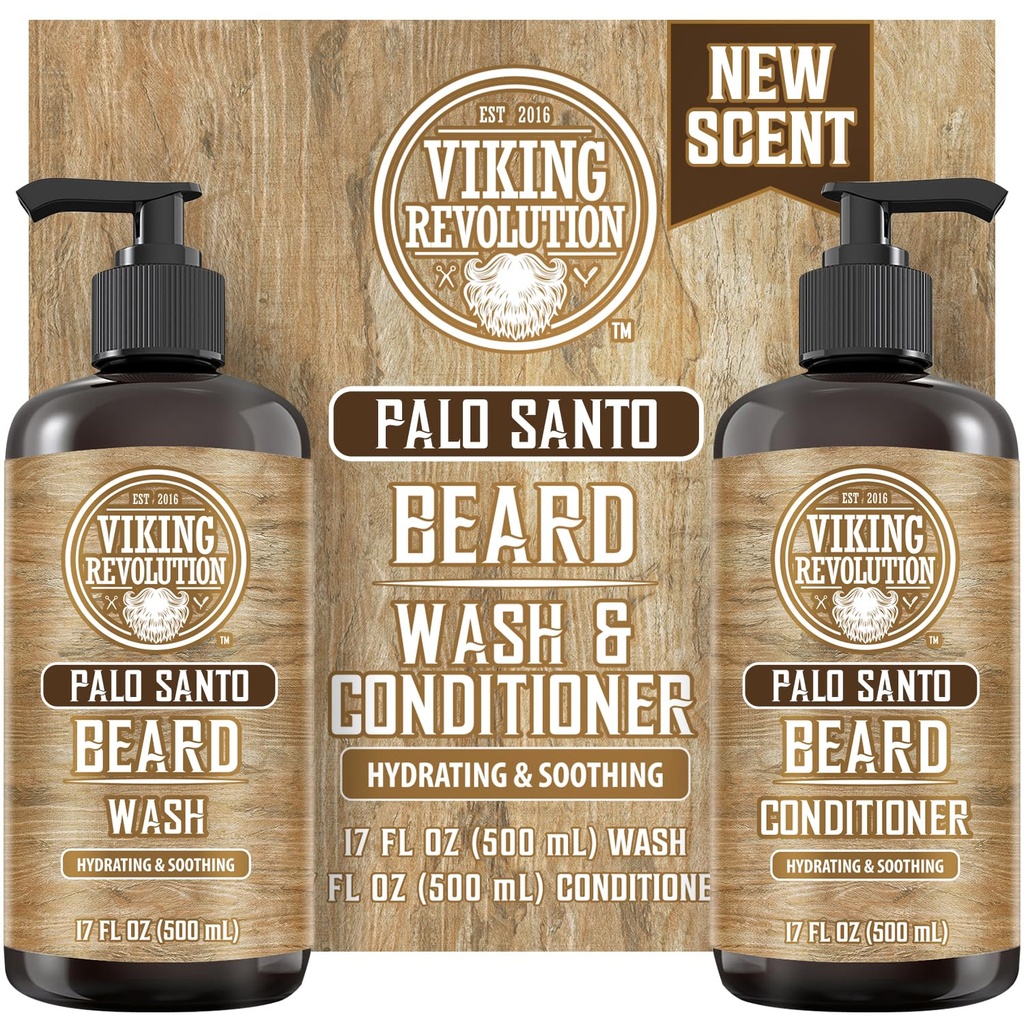 Viking Revolution Palo Santo Beard Wash and Beard Condizionatore Set con olio di Argan e Jojoba - Ammorbidisce e rinforza - Natural Palo Santo Scent - Shampoo di barba con estratto di radice di Ginseng (17 oz)