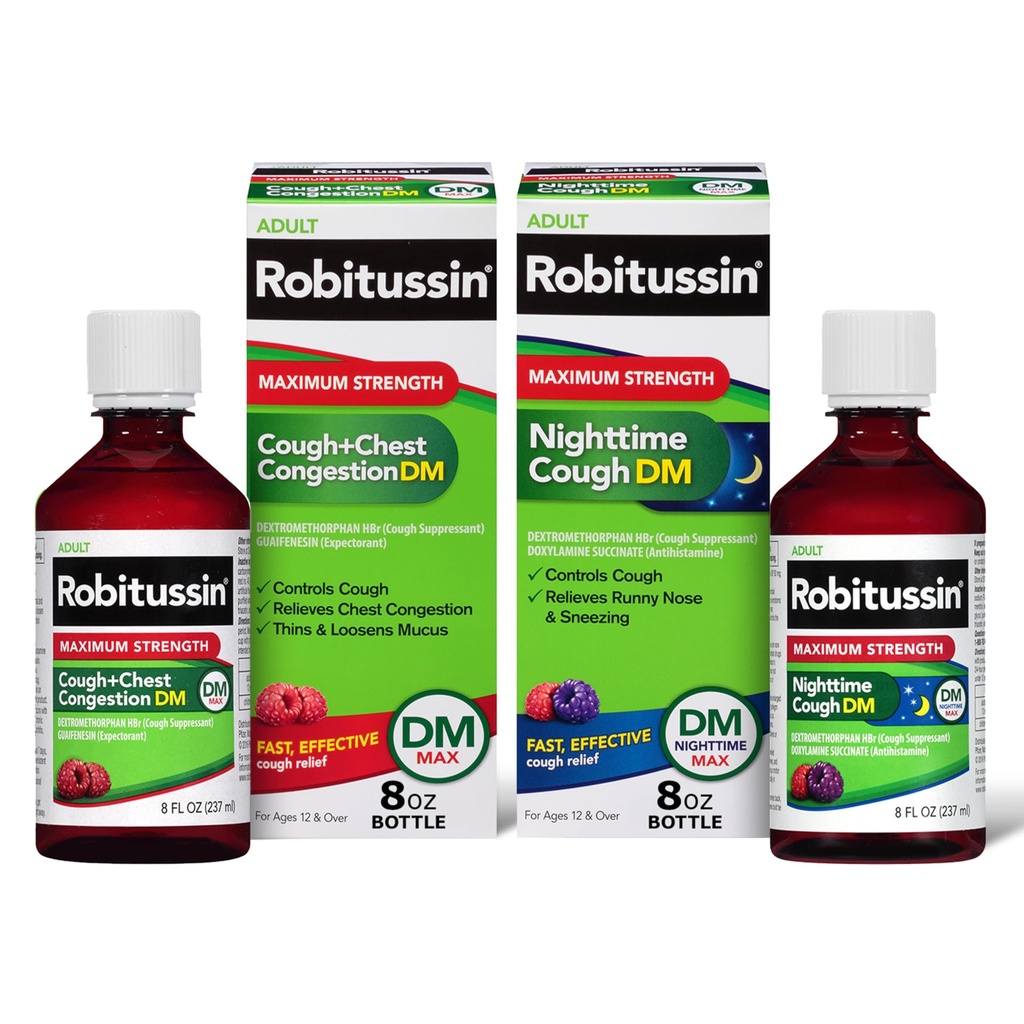 Robitussin DM Max Cough Plus Chest Congestion e Robitussin massima resistenza Tosse notturna DM, Formule per adulti - 2 x 8 bottiglie Fl Oz