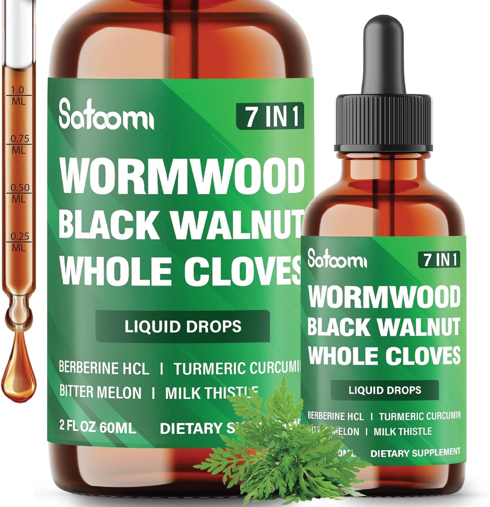 Satoomi 7in1 Gocce liquide di Wormwood con noce nera, chiodi integrali, berberina, cardo del latte, melone e curcuma di Bitter - 60ml per 60 giorni