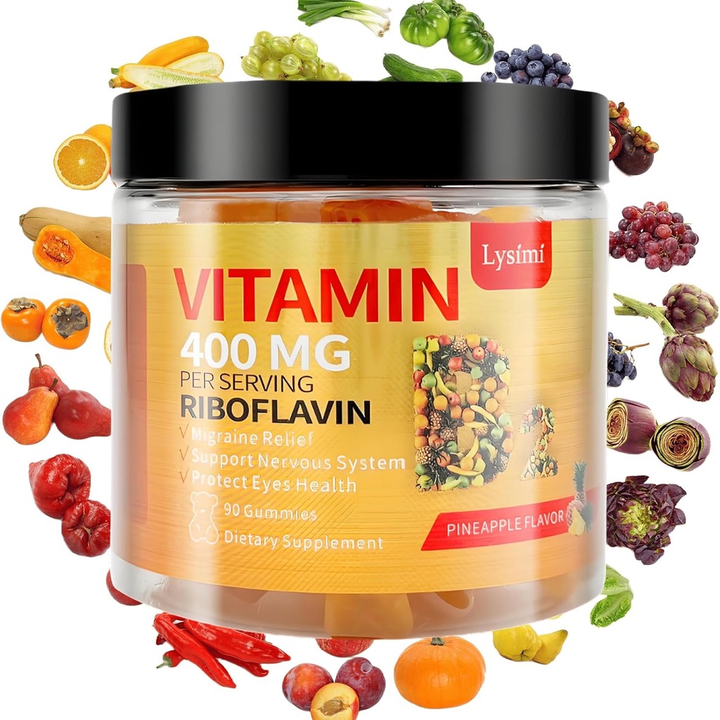 Vitamina B2 Gummies, Vitamina B2 Riboflavin Gummies 400mg, Migraine Relief & Headache Relief Riboflavin Vitamina B2 Gummies, Soy & Gluten-Free, 90 Vitamine Gummies per Bambini & Adulti