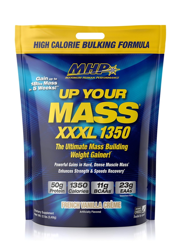 Massima prestazione umana MHP UYM XXXL 1350 Mass Building Weight Gainer, Muscle Mass Gains, w/50g Protein, High Calories, 11g BCAAs, Leucina, French Vanilla Creme, 16 Servings