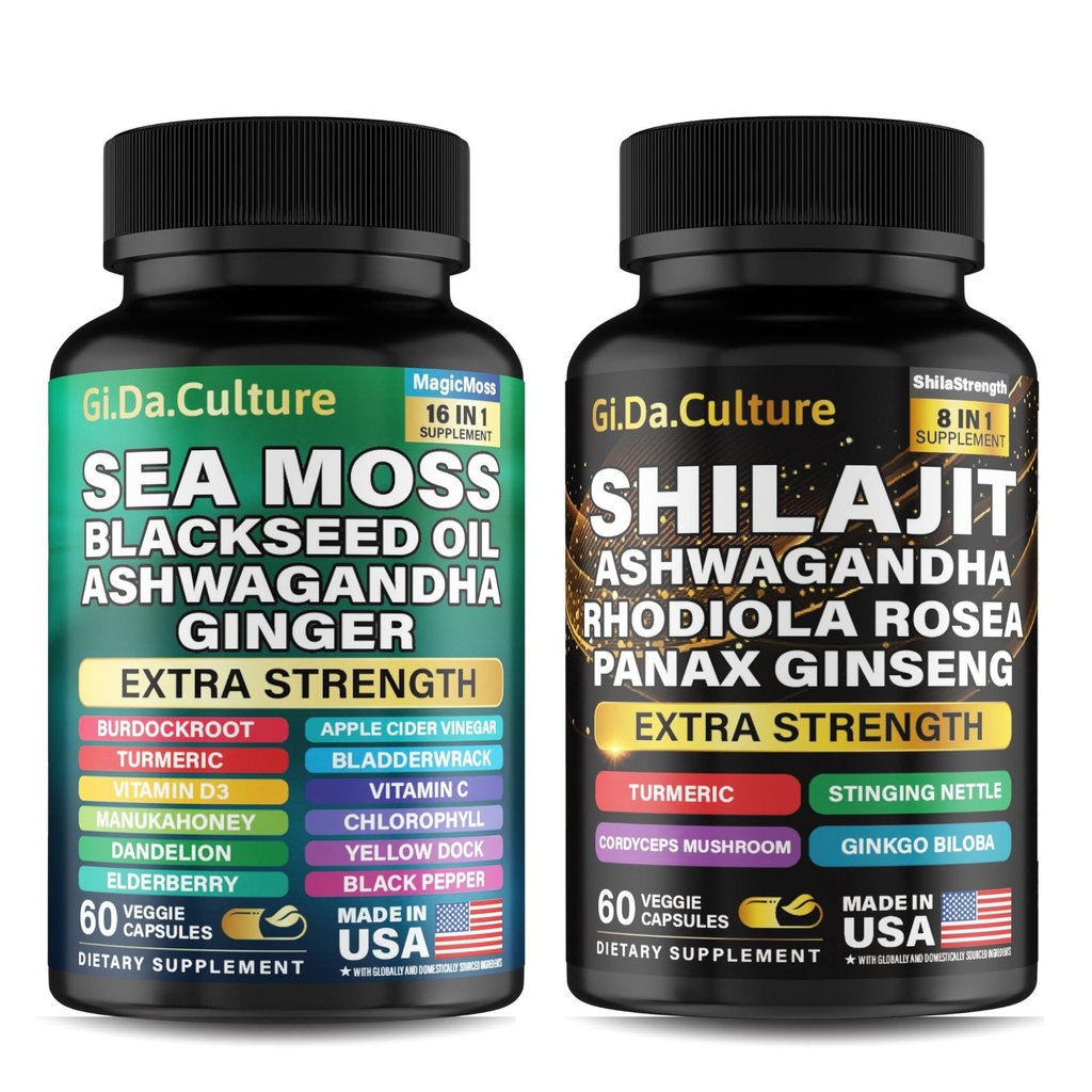 Shilajit e Sea Moss Combo - Sea Moss e Shilajit Bundle con Ashwagandha, Black Seed, Turmeric, Bladderwrack, Burdock, Pepe Nero con Vitamine e Antiossidanti - 120 capsule vegetali