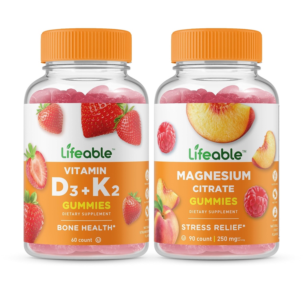 Vitamina vitale D3 + Vitamina K2 + Magnesio 85mg, Gummies Bundle - Grande degustazione, Supplemento di vitamina, Senza glutine, OGM libero, pancia masticabile
