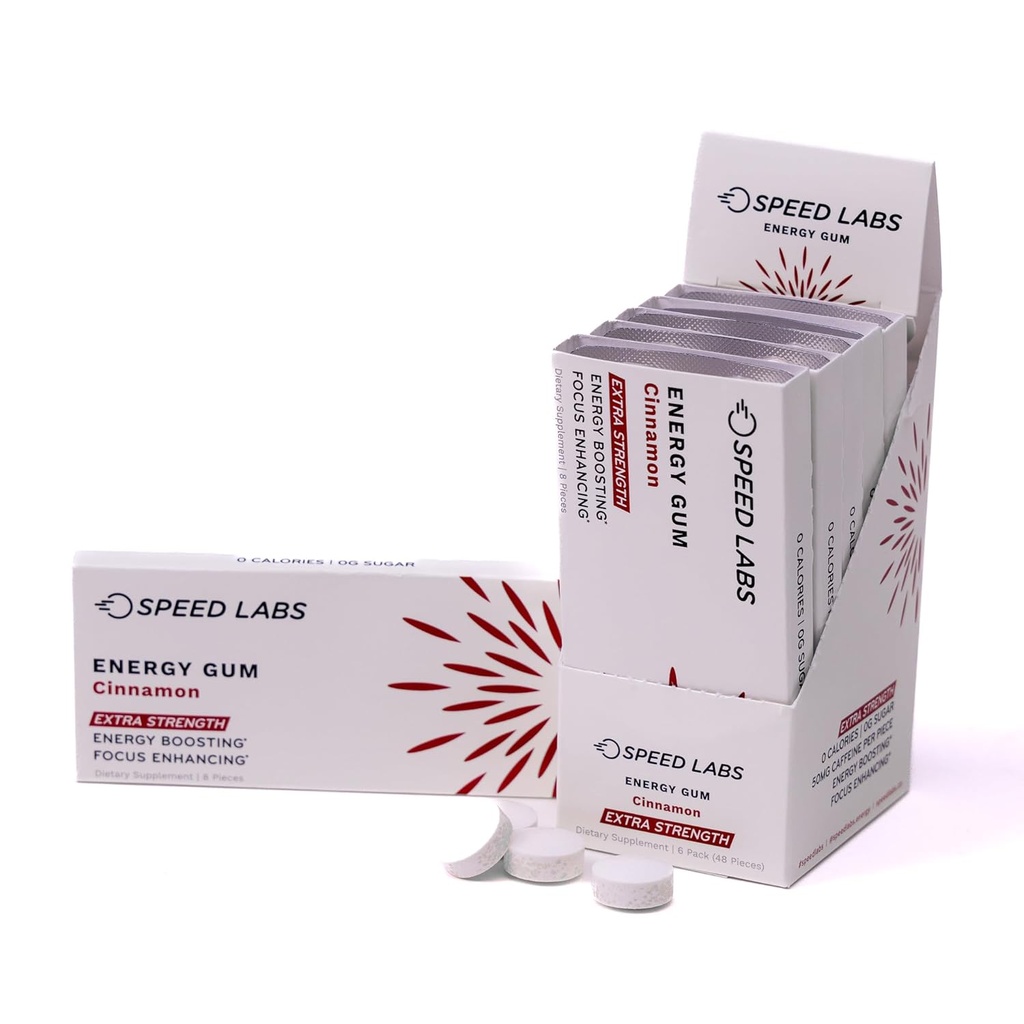 VelocitÃ Labs Cinnamon Extra Forza Caffeina Chewing Gum 50mg Caffeina, Taurina, & B Vitamine Per Pezzo, 48 Pezzi (6 Pacchetti di 8 Pezzi) Senza zucchero, Zero Calorie, No Aspartame, Gluten Free