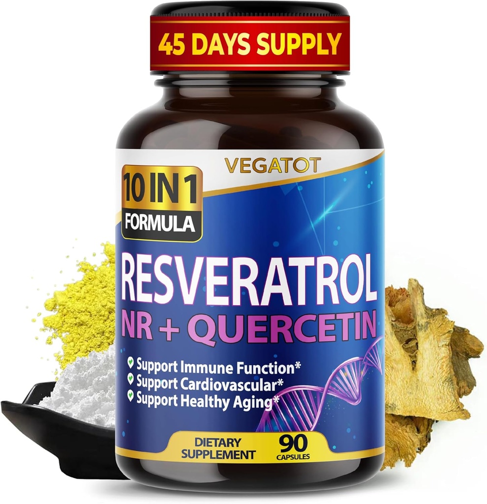VEGATOT 10 in 1 Resveratrolo ad alta resistenza con il supporto comune di Boost del cervello di invecchiamento sano di Quercetin (90 conteggio)