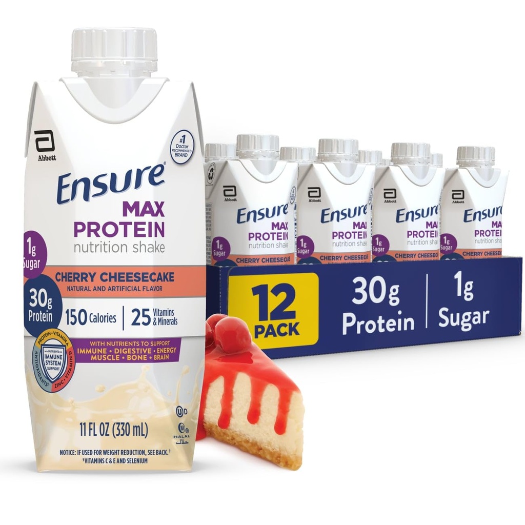 Assicurare Max Protein Shake | Cherry Cheesecake | Pronto per bere | 30g Protein per la salute del muscolo | 1g Sugar, 4g Fiber | 11 fl oz, 12 Pack