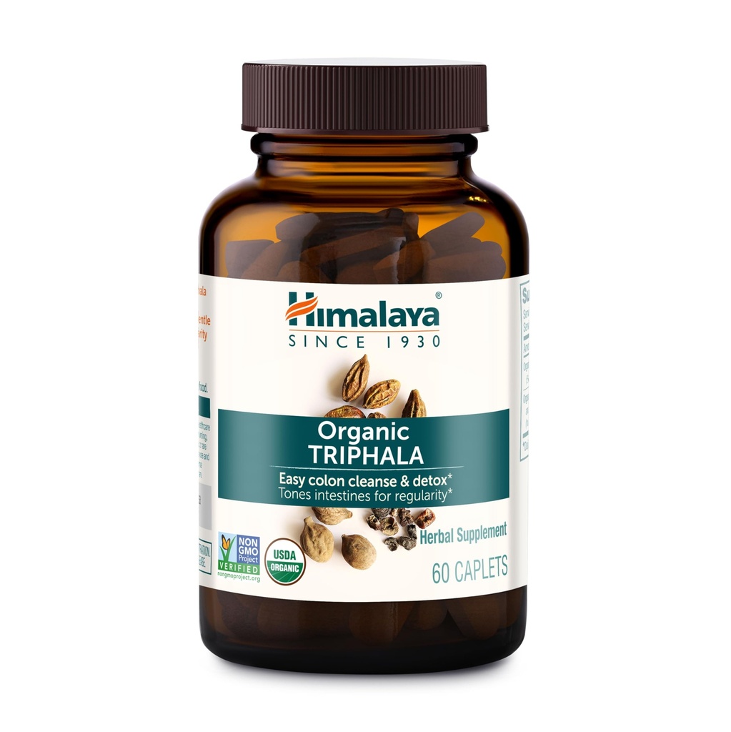 Himalaya Organic Triphala, 2 mesi di fornitura, per la pulizia del colon, Detox e costipazione occasionale, USDA certificata Organico, Non OGM, Gluten-Free, Estratto & Powder Herbal Supplement, 688 mg, 60 Caplets