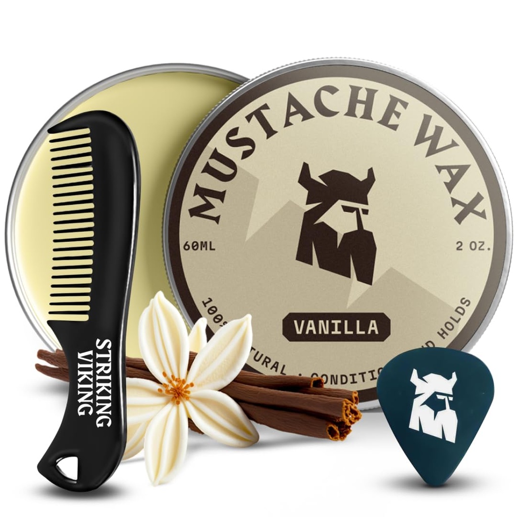 Striking Viking Mustache Wax & Comb Kit - 2 oz, Vanilla - Kit completo per ginocchiere Mustache per uomo - Robusto Styling & Wax Strong Hold - Pocket-Sized Precision & Styling Comb