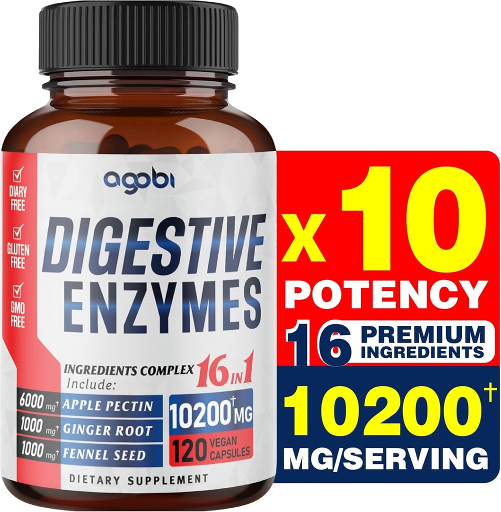 agobi 10200 Mg Enzimi digestivi con Prebiotico per la digestione, Immune & Body Support - 16in1 con Apple Pectin, Ginger Root, Prebiotic System & More - 120 capsule per 2 mesi